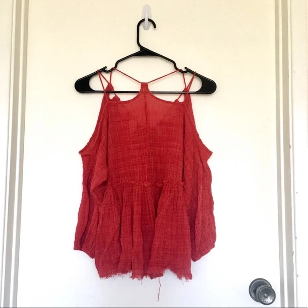 Free People One of a Kind Raw Hem Red/Pink Crinkle Strappy Drawstring Blouse Top